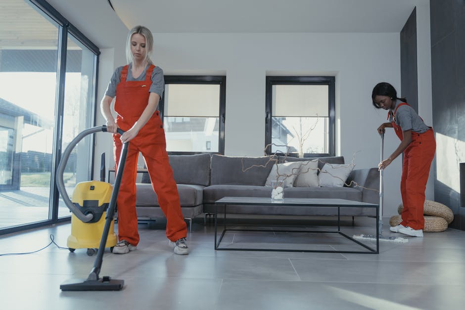 Three professional cleaners from Cleaners Edgware standing in a modern living room with a sofa, coffee table, and two large windows allowing natural light. They are equipped with cleaning tools: the f